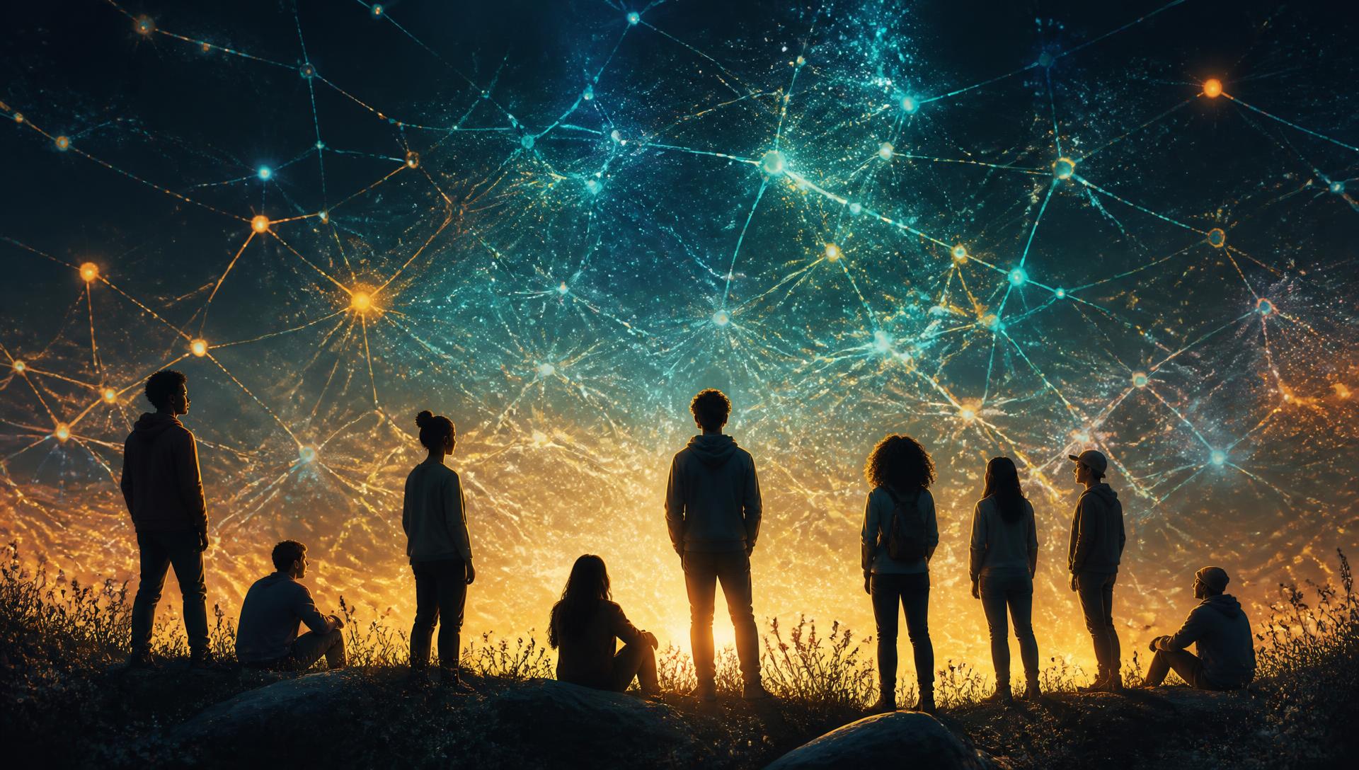 Young people gathered beneath a glowing network of connected lights